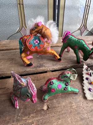 Vintage Handcrafted Embroidered Silk & Fabric Animal Ornaments - Set of 8