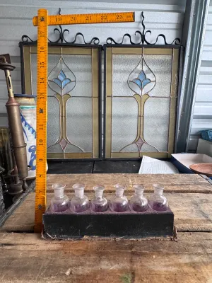 Vintage Sun-Purple Glass Apothecary Bottles in Stand - Set of 6