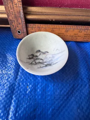 Vintage Japanese Kutani Porcelain Sake Cup with Mount Fuji Scene