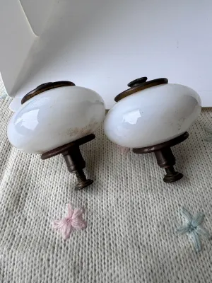 Vintage White Milk Glass Door Knobs with Brass Hardware - Pair
