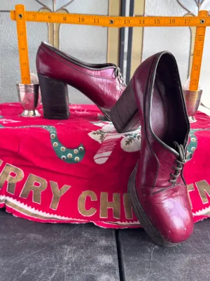 Vintage 1970s Oxblood Red Leather Platform Lace-Up Heels