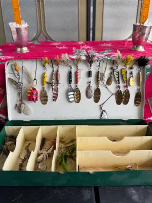 Vintage Metal Tackle Box with Assorted Lures, Mepps & Abu Sweden