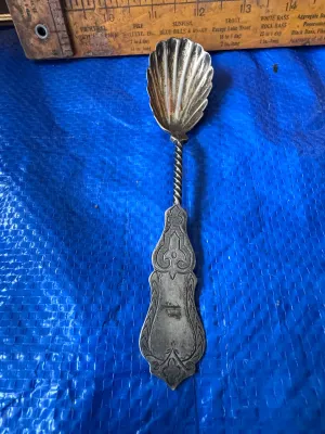 Antique Silverplate Scalloped Shell Sugar Spoon with Twisted Stem