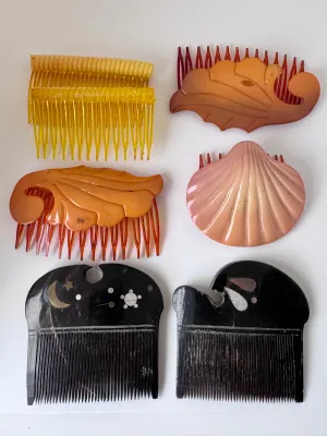 Vintage Hair Combs Collection - Celluloid, Plastic & Inlaid Horn/Wood - 8 Pcs