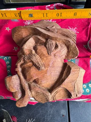 Hand-Carved Wood Relief Bust of a Bearded Man in Hat