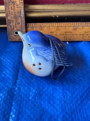 Vintage Ceramic Bluebird Figurine Shaker with Hanging Cord