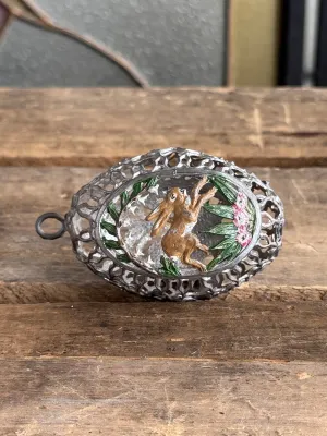 Vintage Pewter Easter Egg Ornament with Bunny and Rooster