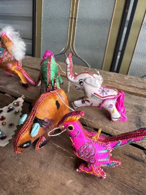Vintage Handcrafted Embroidered Silk & Fabric Animal Ornaments - Set of 8