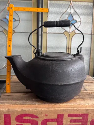 Antique Gate Marked Cast Iron Tea Kettle with Wood Grip Handle