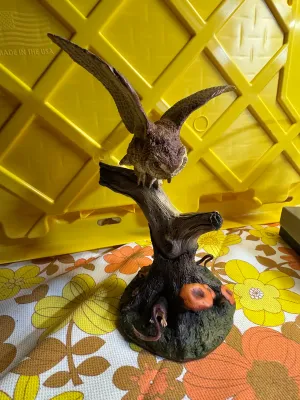 Vintage bronze Hand-Painted Owl and Mice Tree Stump Figurine / artist signed