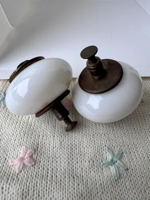 Vintage White Milk Glass Door Knobs with Brass Hardware - Pair