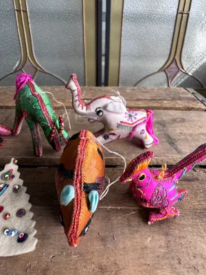 Vintage Handcrafted Embroidered Silk & Fabric Animal Ornaments - Set of 8