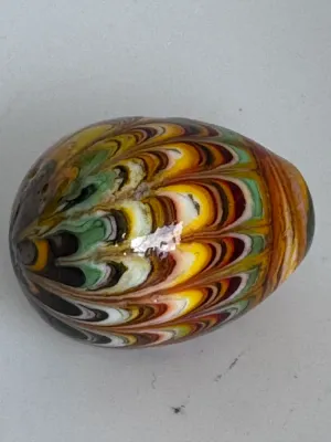 Vintage Art Glass Egg Paperweight with Brass Stand
