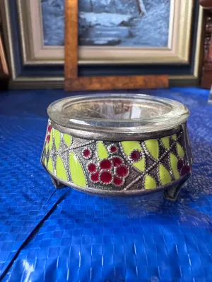 Vintage Soviet Russian Cloisonne Enamel & Glass Footed Bowl / Ashtray