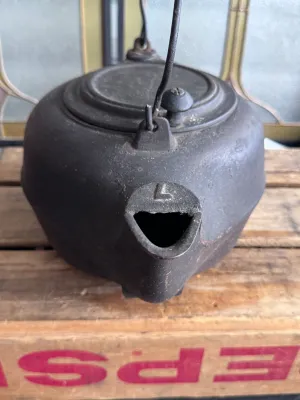 Antique Gate Marked Cast Iron Tea Kettle with Wood Grip Handle