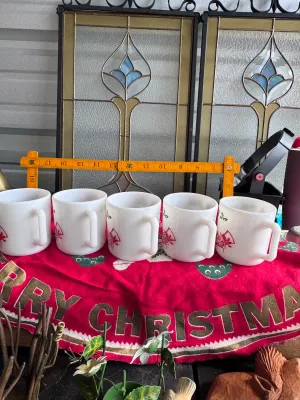 Vintage Fire-King Milk Glass Tom and Jerry Christmas Mugs - Set of 5