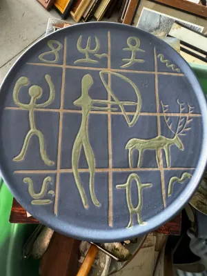 Vintage Mid-Century Modern Ceramic Platter with Cave Art Pictographs