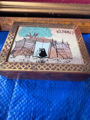 Vintage Kuwait Sand Art Wooden Jewelry Box with Brass Inlays