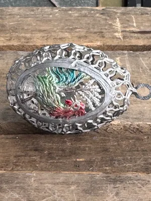 Vintage Pewter Easter Egg Ornament with Bunny and Rooster