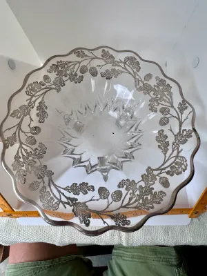 Vintage Sterling Silver Overlay Glass Bowl with Acorn & Oak Leaf Motif