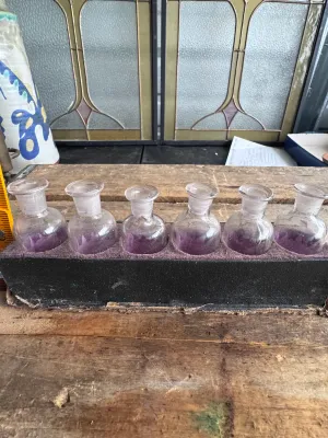 Vintage Sun-Purple Glass Apothecary Bottles in Stand - Set of 6