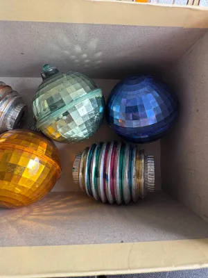 Vintage Plastic Disco Ball & Ribbed Christmas Ornaments - Set of 8