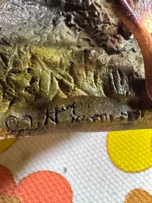 Vintage bronze Hand-Painted Owl and Mice Tree Stump Figurine / artist signed