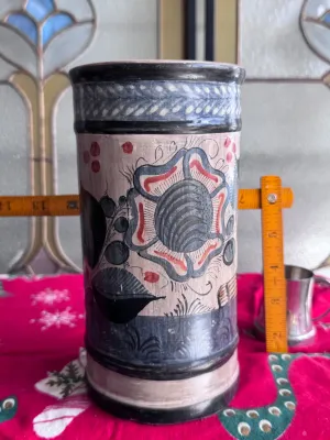 Vintage Mexican Tonala Burnished Pottery Cylinder Vase