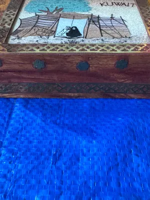 Vintage Kuwait Sand Art Wooden Jewelry Box with Brass Inlays