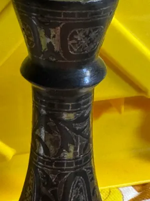 Vintage Hand-Carved Dark Metal Vase with Etched Floral Patterns
