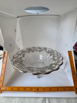 Vintage Sterling Silver Overlay Glass Bowl with Acorn & Oak Leaf Motif