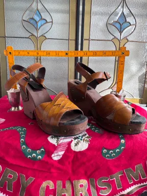 Vintage Leather and Wood Platform Wedge Sandals