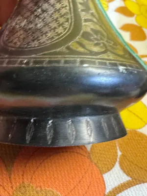 Vintage Hand-Carved Dark Metal Vase with Etched Floral Patterns