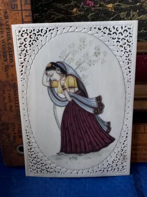 Indian Mughal Style Miniature Painting on Faux Ivory / Celluloid Panel