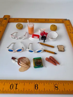 Vintage Barbie Dollhouse Miniature Accessories Lot - Cheerios, Glasses, Food