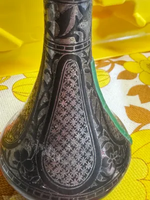 Vintage Hand-Carved Dark Metal Vase with Etched Floral Patterns