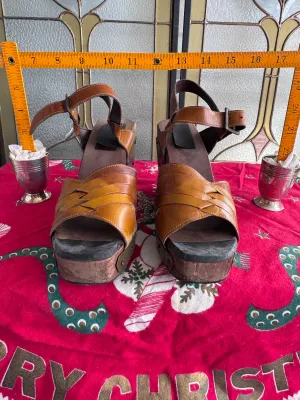 Vintage Leather and Wood Platform Wedge Sandals