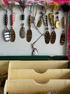 Vintage Metal Tackle Box with Assorted Lures, Mepps & Abu Sweden