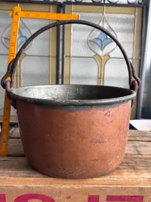 Antique Hand-Hammered Copper Cauldron with Iron Swing Handle