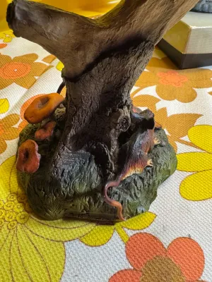 Vintage bronze Hand-Painted Owl and Mice Tree Stump Figurine / artist signed