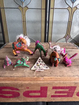 Vintage Handcrafted Embroidered Silk & Fabric Animal Ornaments - Set of 8