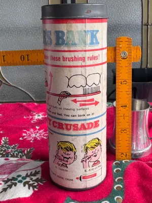 Vintage Colgate Cavity Fighter's Bank Cardboard & Metal Coin Bank