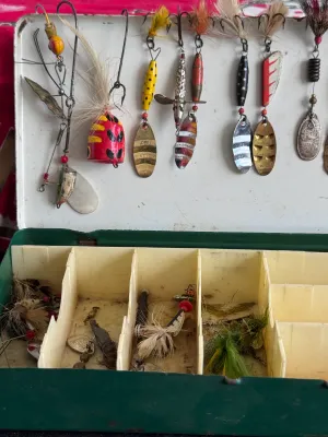 Vintage Metal Tackle Box with Assorted Lures, Mepps & Abu Sweden