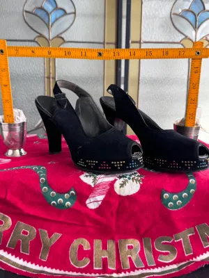 1940's Vintage Fashion Black Suede Peep Toe Slingback Heels