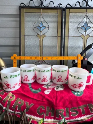 Vintage Fire-King Milk Glass Tom and Jerry Christmas Mugs - Set of 5