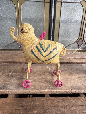 Vintage Mexican Straw Art Elephant Toy on Wheels