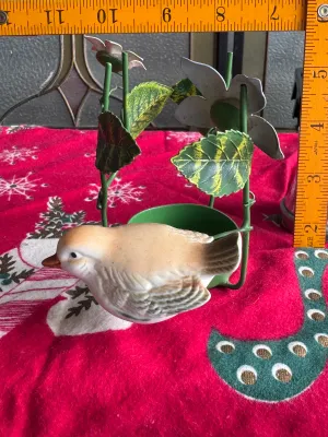 Vintage Metal Flower Candle Holder with Ceramic Bird - Made in Japan