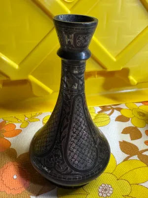 Vintage Hand-Carved Dark Metal Vase with Etched Floral Patterns