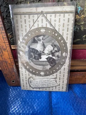Antique 1910 Embossed Postcard - Puppies and Kitten Drinking Milk