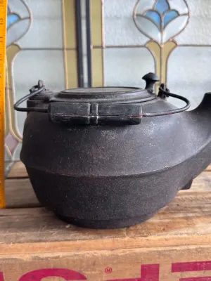 Antique Gate Marked Cast Iron Tea Kettle with Wood Grip Handle